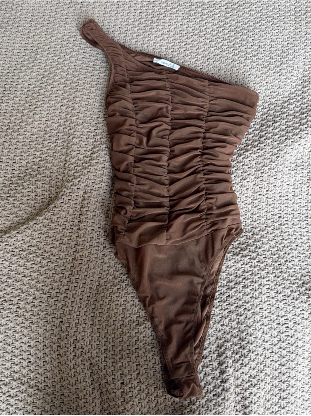 Brown One Shoulder Ruched Bodysuit